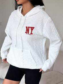 女士时尚连帽长袖针织面料运动衫，带抽绳细节和纽约图案 - 白色 - 查看 5