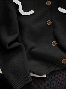 Suéter de punto con cuello Peter Pan de diseño único, suelto y suave, versátil, color negro, adecuado para primavera, otoño e invierno - Negro - Ver 3