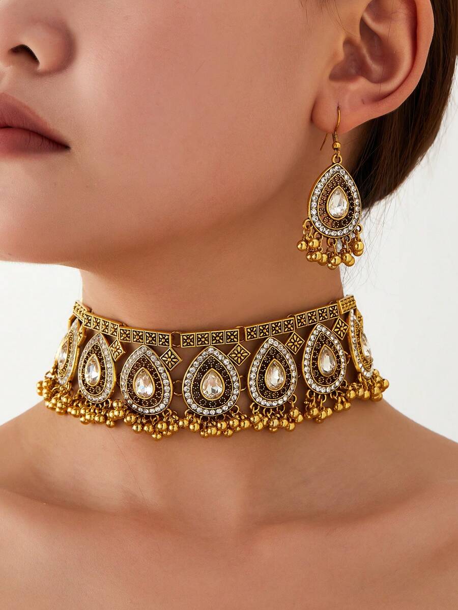 Vintage Exotic Bohemian Palace Style Rhinestone Tassel Pendant Earrings Set, Luxurious Fashion High-End Bridal Wedding Party Necklace Earrings 3-Piece Set - Ancient Gold 8-piece Water Drop Set - View 1