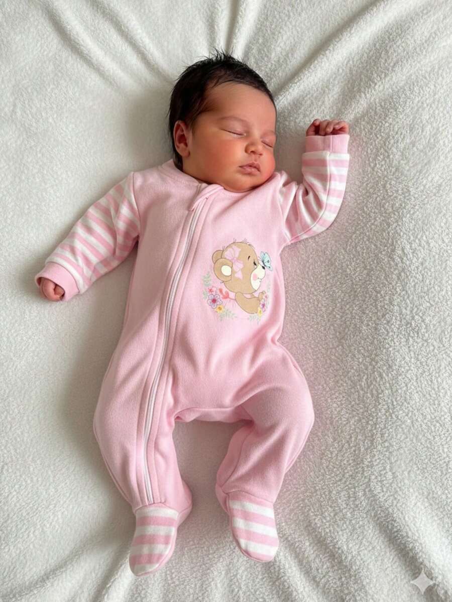DTF Baby Girl Romper With Frilly Bear Print 100% Cotton Romper With Zipper Ensuring Your Baby's Comfort - Màu Hồng baby - Xem 1