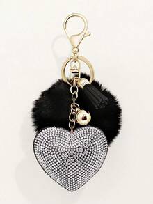 1pc Ladies' Rhinestone Inlaid Korean Velvet Solid Color Heart Shaped Keychain With Love & Pom Pom For Valentine's Day, Mother's Day, Wedding Souvenir Valentines Car Accessories Bag Charm Backpack For School Cute Goth Y2k Christmas Gift Ideas Bag Accessories Lanyards With Id Holder Car Accessories Bag Charms Car Accessories Teacher Friend Sister - màu đen - Xem 4