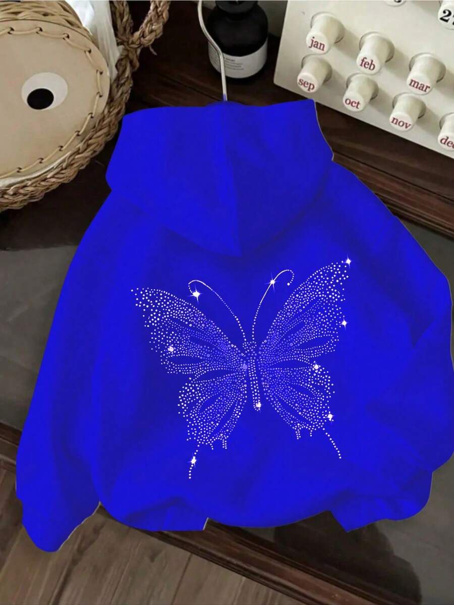 mariposa Sudadera hoodie dama mujer gorro capucha manga larga algodón bolsa canguro estampado pecho espalda estrella rocker suave pachoncita puños rib acanalados casual aesthetic homie cossy casa diario frio ciudad urbana moderna juvenil cómoda calientita - Azul - Ver 1
