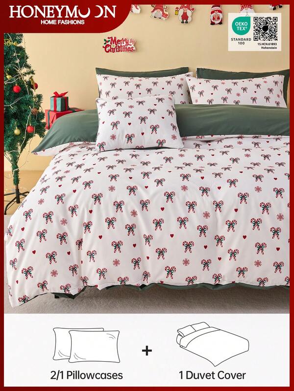 2/3pcs Christmas Candy Cane Bowknot Digital Print Duvet Cover Set (1 Duvet Cover + 1/2 Pillowcase, Without Core), Chic Christmas Decorative Bed Sprea Bed Cover For Bedroom Dorm Essentials, Machine Washable, Oeko-Tex Certified