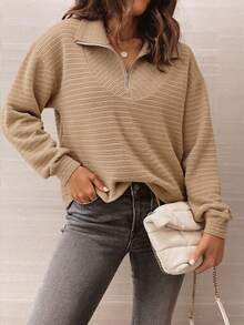 Women's Solid Color Textured Collar Zip Hem Drawstring Sweatshirt, Suitable For Daily Outings, Casual Home, Commuting, Holidays, Parties, Street Photography