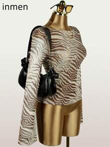 Spring Sexy Brown Y2K Women Long Sleeve Sheer Elegant Floral Print Flowy Blouse, Party & Outing - Brown - View 3