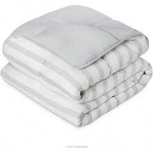 - Edredn Acolchado de Plumn Alternativo - - Microfibra Suave e Hipoalergnica - salo o con Funda - Reversible - Toda Estacin - Azul Marino con Gris Claro - Matrimonial + Blanco / Rayas Gris - Ver 4