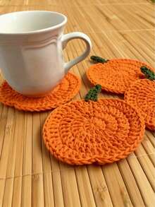 4 件套钩针南瓜杯垫、手工布艺饮料垫、秋季农舍装饰、感恩节餐桌配件、万圣节厨房礼物手工钩针万圣节南瓜杯垫、手工编织纱线、耐热杯垫、节日