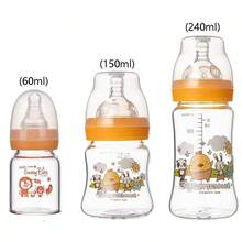 婴儿玻璃奶瓶，宽口150毫升和240毫升，新生儿喂养奶瓶，60毫升标准口奶瓶，耐热高达400°F（约204°C），加厚材质，柔软硅胶奶嘴，防胀气设计，卡通奶瓶 - 多色[玻璃奶瓶] - 查看 10