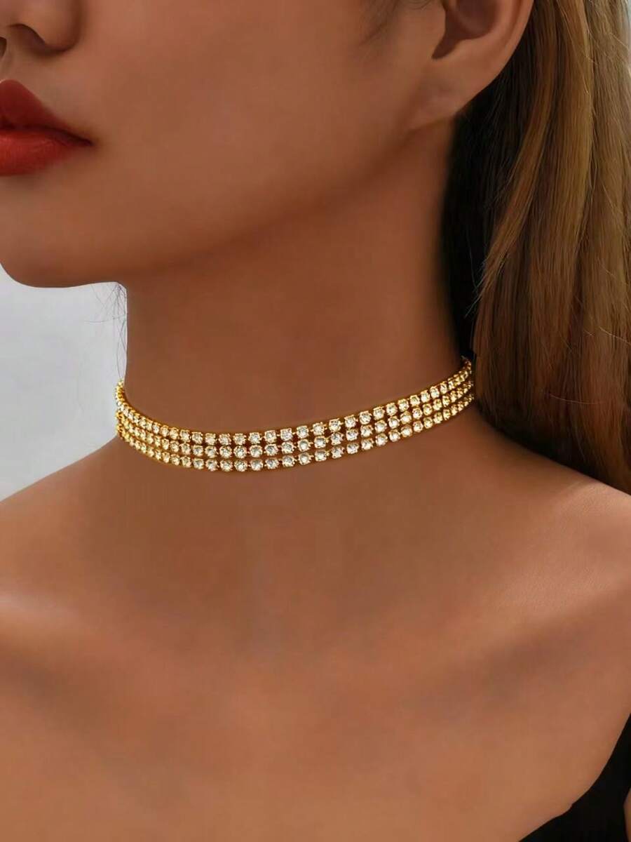 1pc Women's 3-Row Sparkling Zirconia Rhinestone Necklace, Silver Color, Suitable For Vacation, Evening Party - G-white*1PC - View 1
