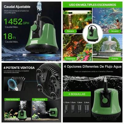 Bomba Sumergible 5500L/H, 115W Potente Bomba para Fuente de Agua de 5.5M de Impulso, Caudal Ajustable, Tubera de Agua de 1M, 4 Tipos de Conexiones de Tuberas, para Acuarios, Fuentes, Jardines