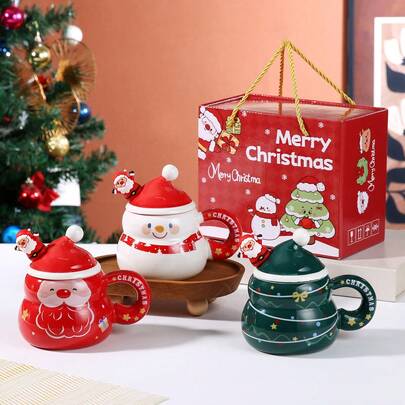1 Set Christmas Gift Box, Ceramic Snowman Christmas Gift, Christmas Tree Mug With Lid And Spoon Gift Set