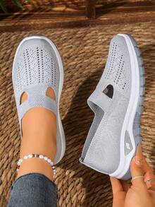 Women'S Lightweight Breathable Knit Walking Shoes - Soft EVA/PVC Sole, Low-Top Summer Sneakers With Fabric Upper & Lining, Multiple Colors For Casual & Light Exercise, Ladies Shoes - 灰色 - 查看 5
