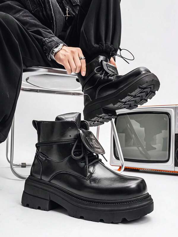Men's Black Thick Sole Anti-Slip High-Top Fashion Boots, Commuting, Campus, Ins Street Style, Black Leather Boots, Western Boots