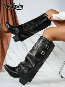 Nouvelles bottes de mode à semelle épaisse, talon épais, en matériau cuir avec boucle métallique décorative. Bottes multifonctionnelles confortables pour la randonnée, hautes, d'extérieur, à jambe évasée, plissées, convenant pour les festivals de musique et Halloween