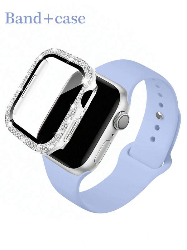 Compatible con correas para Apple Watch de 40mm, 38mm, 40mm, 41mm, 44mm, 45mm, 42mm con protector de pantalla y estuche, correa de silicona con diamantes brillantes y cubierta protectora de vidrio templado para relojes de la serie 10, 9, 8, 7, 6, 5, 4, 3, 11 y SE
