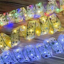 Silver & Gold Battery-Powered LED Christmas Ribbon Lights (Batteries Excluded) - Flexible, Ribbon & Bow, Indoor/Outdoor, Warm White/White/Multi-Color, Steady/Flash, Ideal For Wreath, Staircase, Holiday Decor
