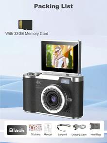 1台4800万像素2.4英寸旋转屏数码相机，配备可充电CCD传感器，附赠32GB存储卡和多种滤镜模式。便携式防抖智能变焦相机，适合户外使用。
