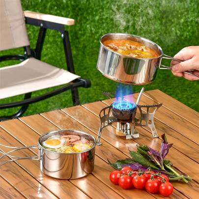 8 piezas Juego de utensilios de cocina de acero inoxidable para camping y actividades al aire libre, el juego de ollas para camping se vuelve portátil