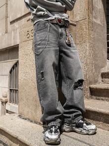 Calça Jeans Masculinos Vintage Lavados, Perna Reta Solta e DesgastadaDenimns Versátil e Estilo Streetwear Y2K, Adequado como Presente para Namorado ou Marido