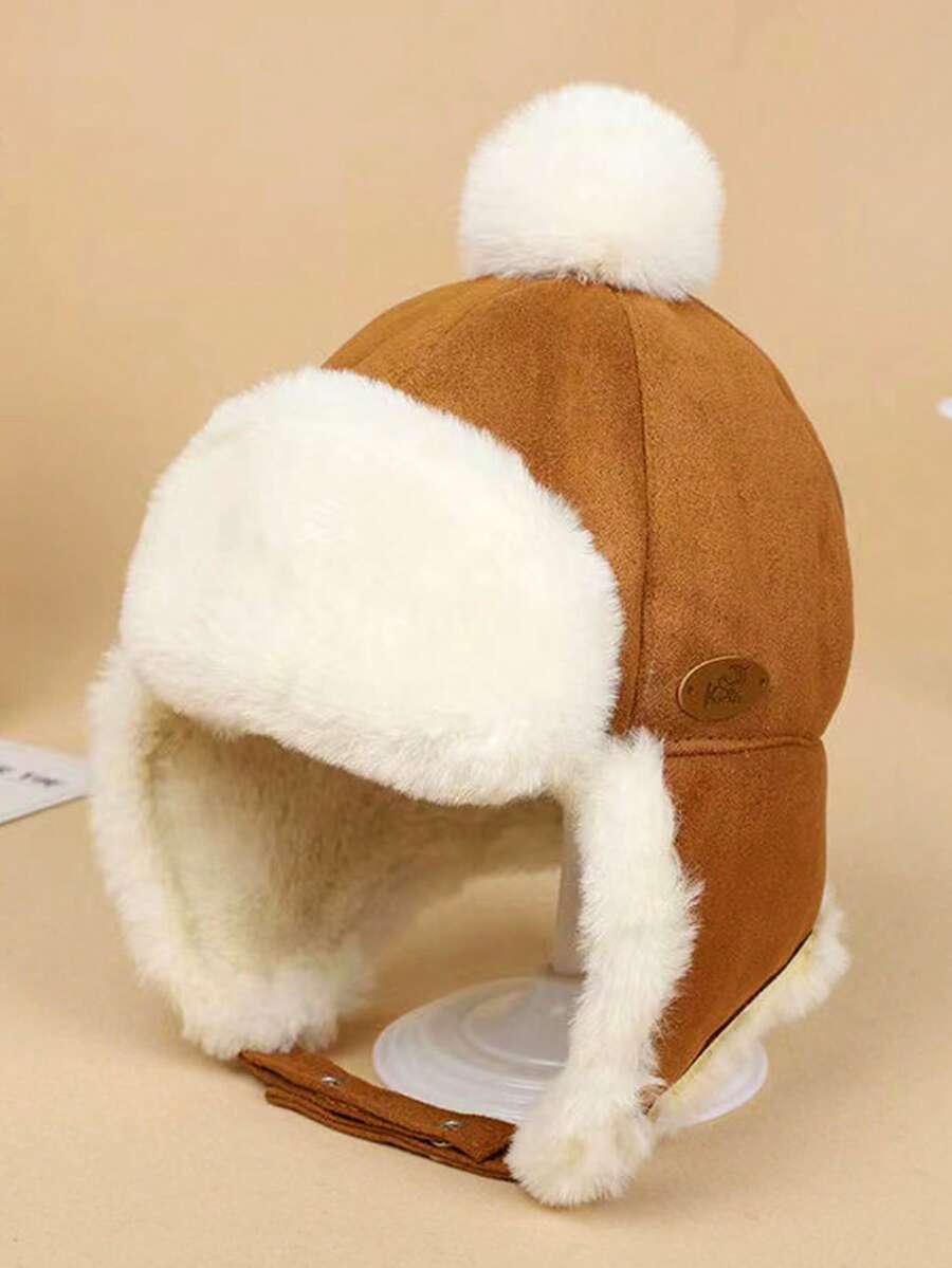 1 件儿童纯色可爱单绒球装饰保暖内衬护耳帽，户外冬帽，新年礼物
