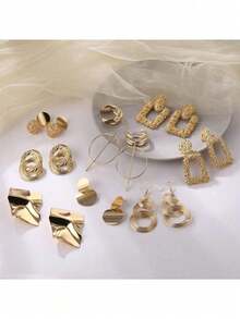 5 pares de aretes geométricos metálicos surtidos, adecuados para uso diario de mujeres, festivales, fiestas, regalos - juego de pendientes - Ver 3