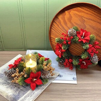 1pc Artificial Flower Candle Holder Wreath, Rustic Pinecone & Berry DIY Floral Wreath, Home Decor Tabletop Centerpiece, Suitable For Christmas, Thanksgiving, Winter Holidays