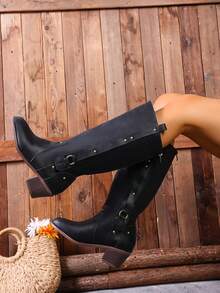 Women's Winter Over-The-Knee Boots, Black Boots, Brown Boots, Round Toe Chunky High Heel Tall Boots, High Heel Boots, Back Zipper Design Knee-High Boots - Black - View 3