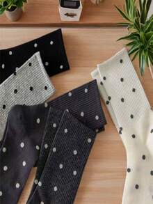 5 Pairs Women's Cute Polka Dot Mid-Calf Socks, Ins Style Thick Warm Socks, Versatile Matching Socks For Students, Grey - Multicolor - View 3