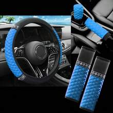 5pcs Car Interior Accessories Set - Steering Wheel Cover, Gear Shift Knob Cover, Seat Belt Shoulder Pad, Rhinestone & PU Leather Patchwork, Fits 14.5-15 Inch Steering Wheel, Universal Car Decor