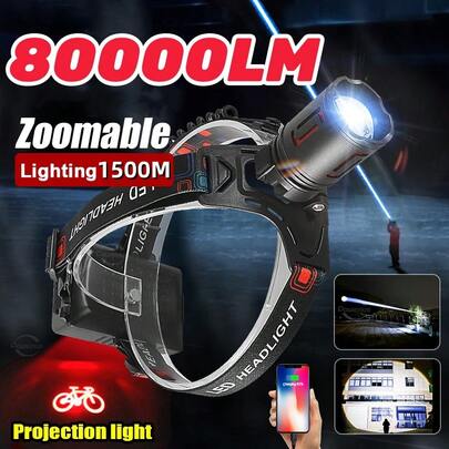 80000LM Super Powerful LED Headlight Telescopic Zoom Rechargeable Headlamp High Power Front LED Flashlight Outdoor Cycling Camping Night Running Light Aluminum Alloy Portable Fishing Work Light