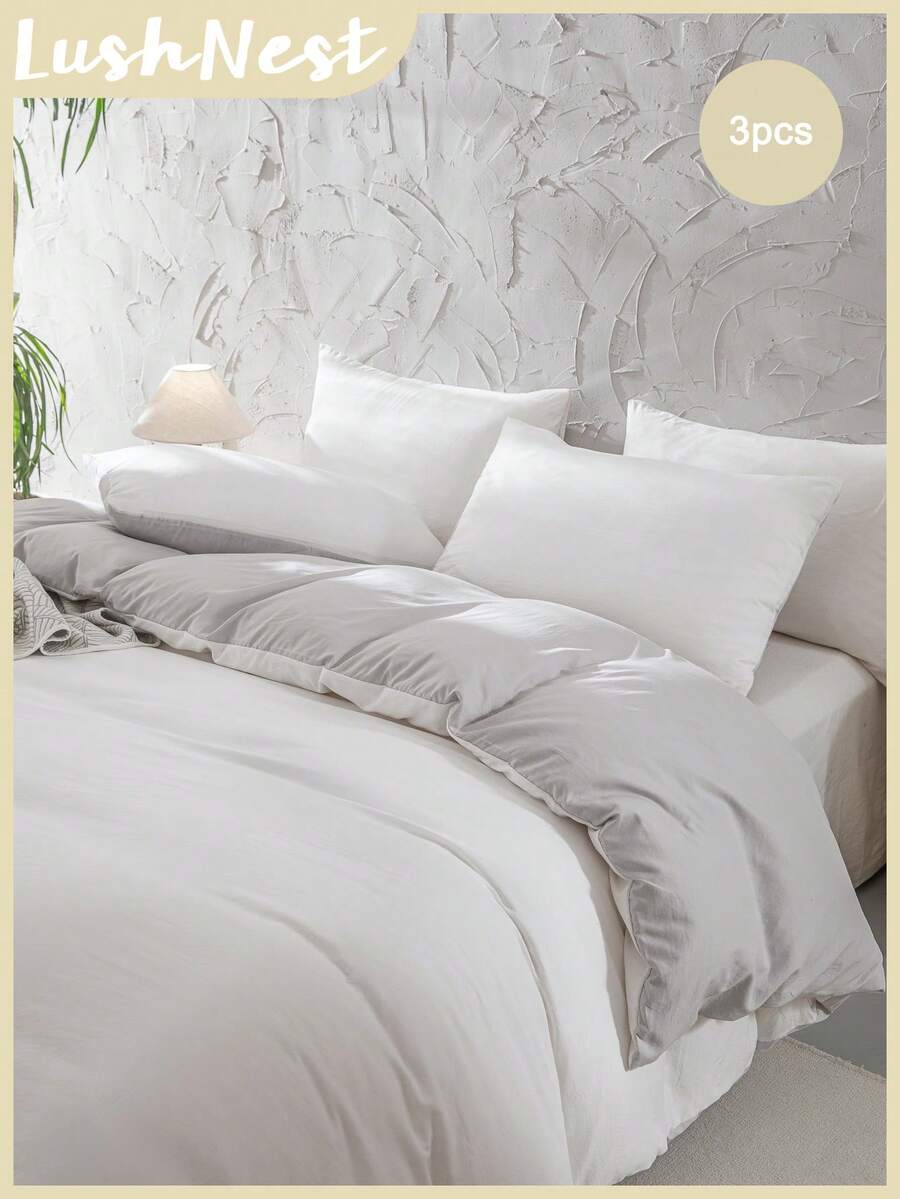 Bộ ga trải giường 3 món bằng polyester (1 ga trải giường + 2 vỏ gối, không bao gồm chăn bông), thiết kế hai màu cổ điển với điểm nhấn bóng bẩy, mềm mại và thân thiện với da, phù hợp cho phòng ngủ và mọi mùa.