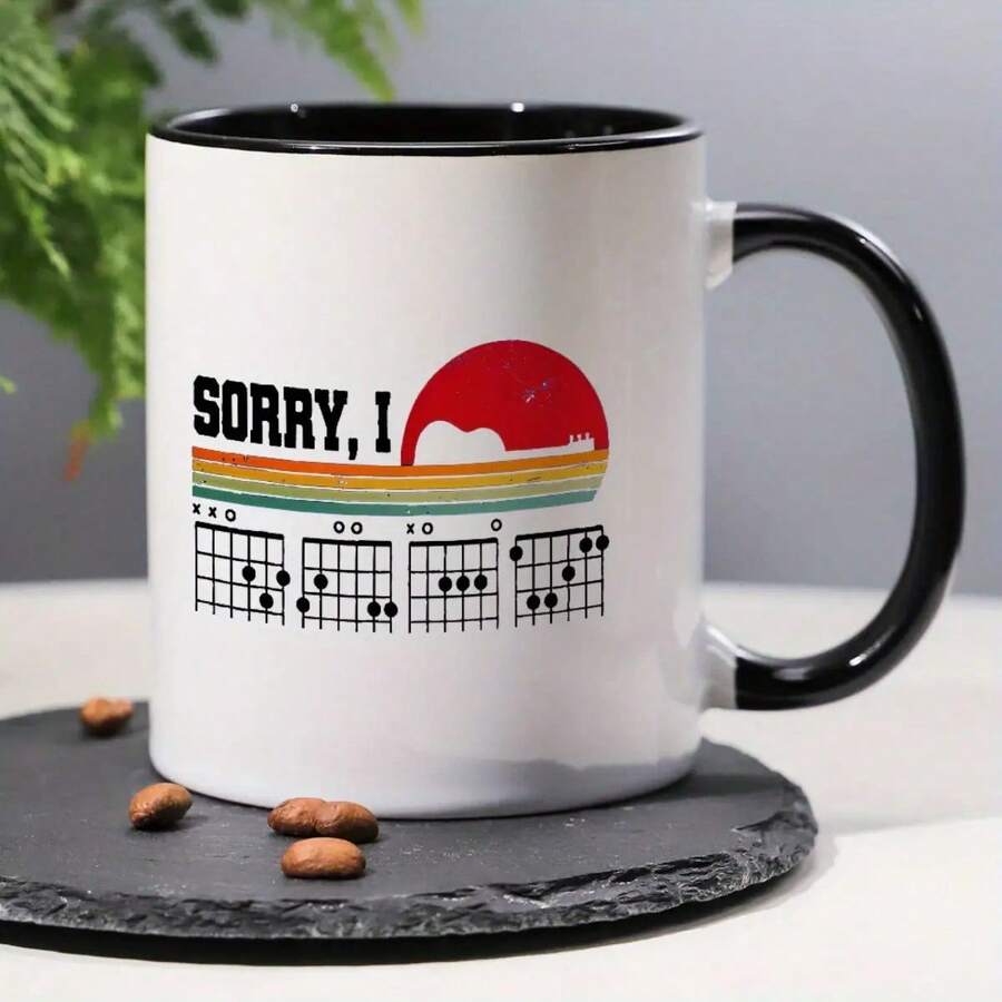 1 Funny Musician Mug - "Sorry I Can't Stop Playing Guitar" With Chord Progression Pattern - White Appearance, Black Inner Liner - Ideal Gift For Guitarists And Music Enthusiasts - Fun Coffee Mug For Home, Office, Recording Studio, Music Theme Design - 白色手柄杯 - 查看 1