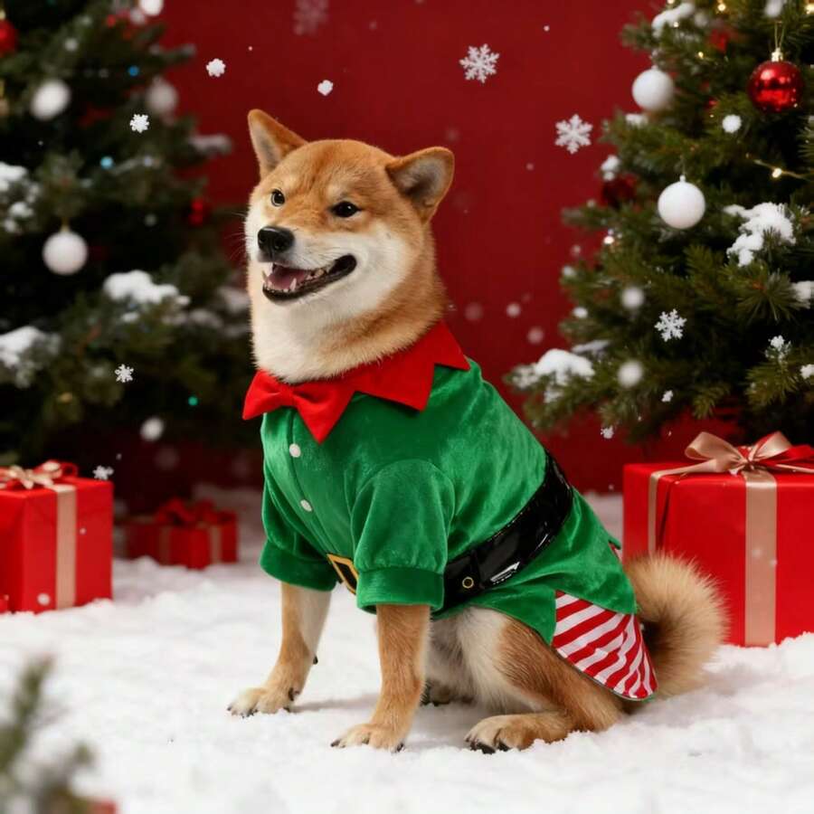 圣诞狗狗衣服绿色精灵宠物背心，舒适温暖的条纹毛衣 - 彩色 - 查看 1