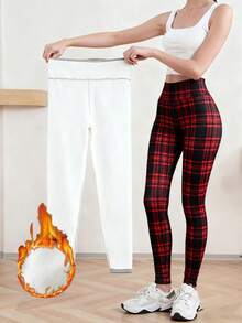 舒适保暖弹力女士高腰格子打底裤 - 保暖内衬，黑红格子设计，秋冬季休闲风 - 白色 - 查看 2
