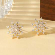 2pcs Super Shiny Fully Rhinestone Gold Sunflower & Snowflake Stud Earrings, Suitable For Women's Wedding, Engagement, Party Wear And Holiday Gifts