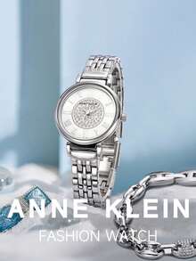 ANNE KLEIN silverfärgad damklocka och armbandsset med kristalldetaljer, silverfärgad urtavla och romerska siffror, 30 meter vattentålig, elegant smyckesset - En-Storlek - Visa 3