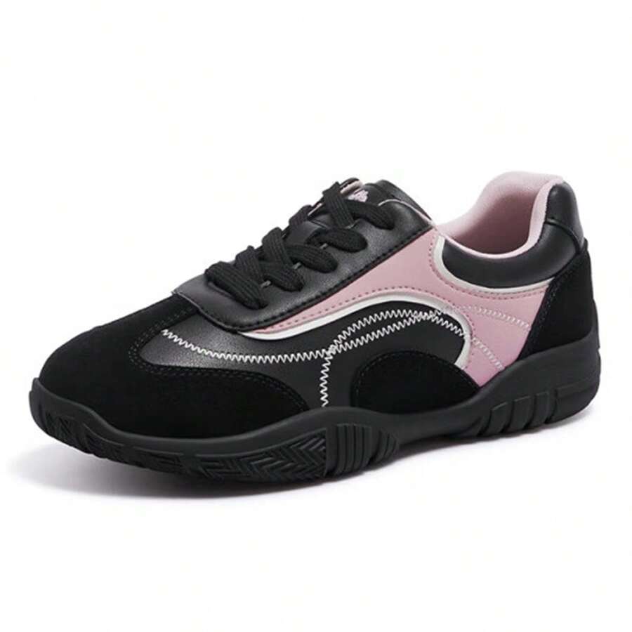 CAMEL CROWN 女士运动休闲板鞋秋冬款板鞋休闲复古时尚圆头德系训练鞋 - 黑/粉 - 查看 1