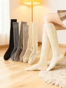 1双长筒袜/过膝袜秋冬加厚保暖小腿袜扭纹设计百搭颜色 - 彩色 - 查看 1
