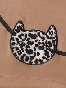 Baby Girl Khaki Cat Embroidery Long Sleeve Sweatshirt And Leopard Print Straight Pants Set, Autumn/Winter