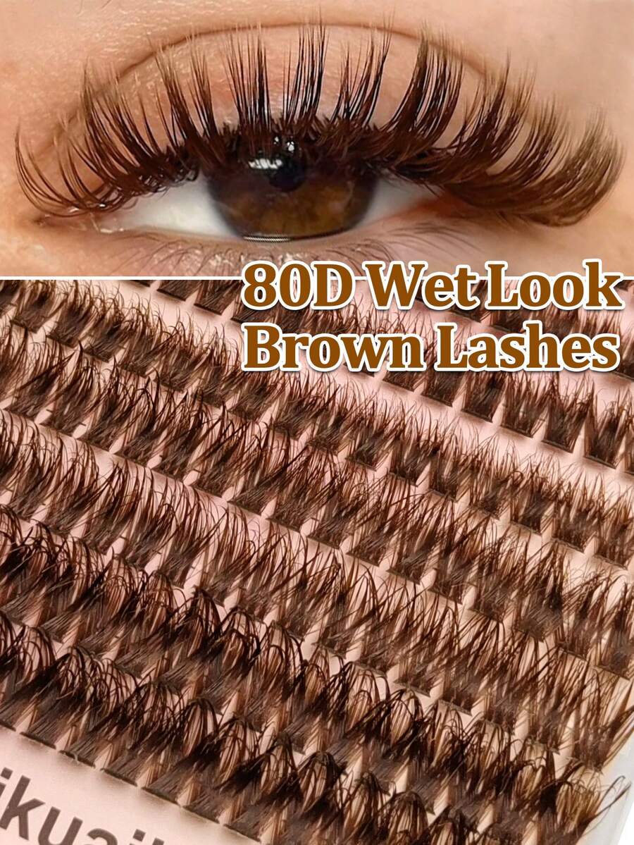 Rikuaild 160pcs 80D Brown Moist Cluster False Eyelashes, D Curl, DIY Messy Lashes, Natural Makeup Effect, Suitable For Travel & Everyday Wear - D - Xem 1