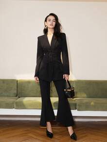 Solid Color Cross Tie Waist Double Pocket Blazer - Black - View 3