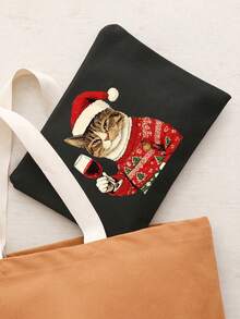Cute Christmas Cat Holding A Red Wine Cosmetic Bag - A Cat Wearing A Christmas Hat And A Flowery Coat, A Multifunctional Storage Bag With Exquisite Printing And Unique Design, Suitable For Digital Bags, Hairdressing Bags, Swimming Bags,Bedroom Room Decor,Back To School - Multicolor - View 4