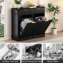 Double Tilt Out Trash Cabinet,Fluted Laundry Hamper Cabinet With 2 Drawers And Charging Station 20 Gallon Wooden Hidden Garbage Can Cabinet For Kitchen & Living Room Arc Design - Black - View 5
