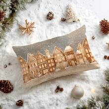 1pc Christmas Retro Town Street Snow Landscape Cushion Cover, Single-Sided Printed Peach Velvet Material, 30*50cm/40*60cm Pillow Case Suitable For Christmas Winter Room Decor, Modern Minimalist Sofa Living Room Decor, Party Decor, Gift