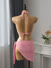 Bellisia 夏季海滩纯色露背三角比基尼套装（含沙滩裙） - 粉色 - 查看 6