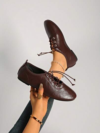 2025 女士时尚纯色经典系带亮面尖头平底鞋，舒适日常、办公室、户外、节日、春秋季