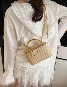 1pc New Minimalist Casual Versatile Woven Straw Lunch Box Bag, Chain Strap Shoulder Crossbody Bag, Holiday Best Seller Small Shoulder Crossbody Bag - 卡其色 - 查看 5