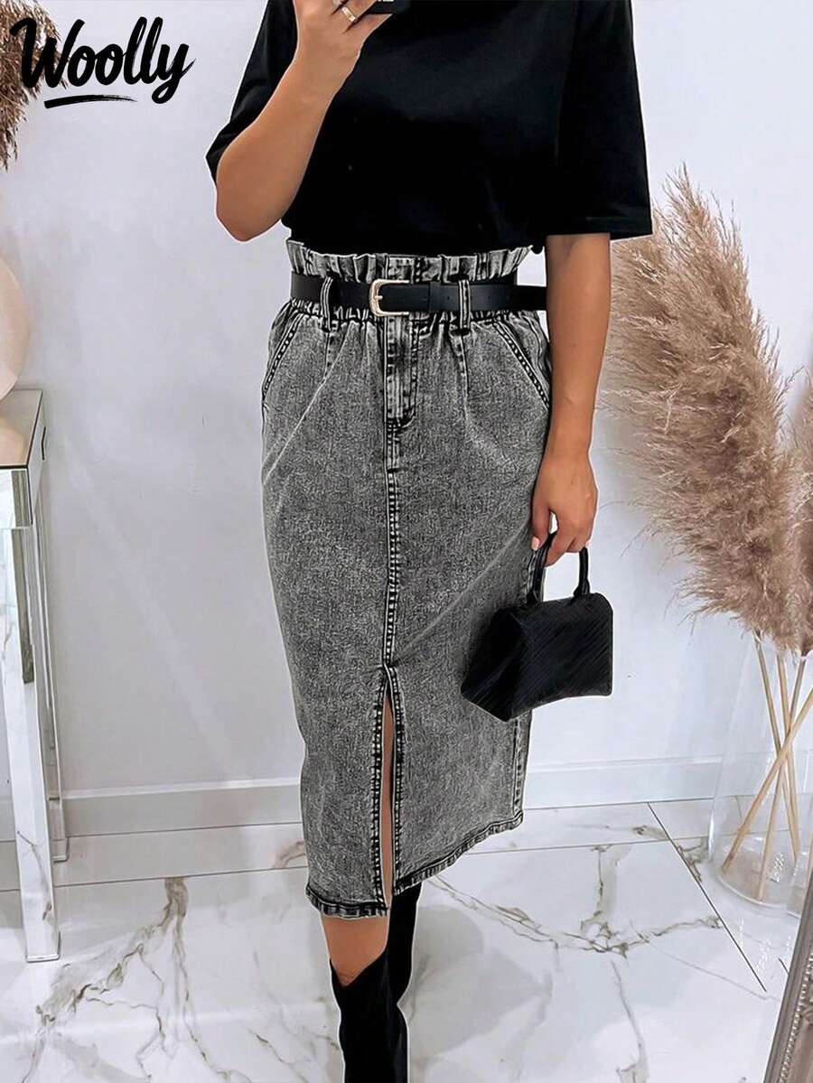 Side Split Straight Pencil Skirt - Grey - View 1