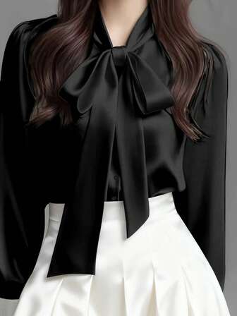 Camisa casual de manga larga de satén blanco elegante para mujer, blusa versátil para ir y venir con detalle de cuello con lazo - Blusa de unicolor apta para todas las estaciones, lavable a máquina, no transparente, tela suave y transpirable, textura de satén refinada, corbata de unicolor para la oficina y el uso diario