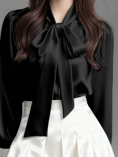 Women's Elegant Satin White Long Sleeve Casual Shirt, Versatile Commuter Blouse With Bow Collar Detail - Solid Color Top Suitable For All Seasons, Machine Washable Non-Sheer, Soft & Breathable Fabric, Refined Satin Texture, Solid Color Tie For Office & Daily Wear